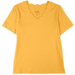 Petite Solid Scalloped V-Neck Short Sleeve Top
