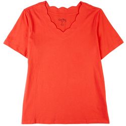 Coral Bay Petite Solid Scalloped V-Neck Short Sleeve Top