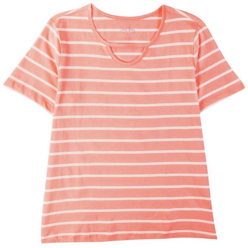 Coral Bay Petite Striped Scoop Keyhole Short Sleeve