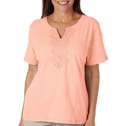 Coral Bay Petite Solid Split Neck Lace Short Sleeve Top