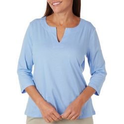 Coral Bay Petite Solid Notch Neck 3/4 Sleeve Top