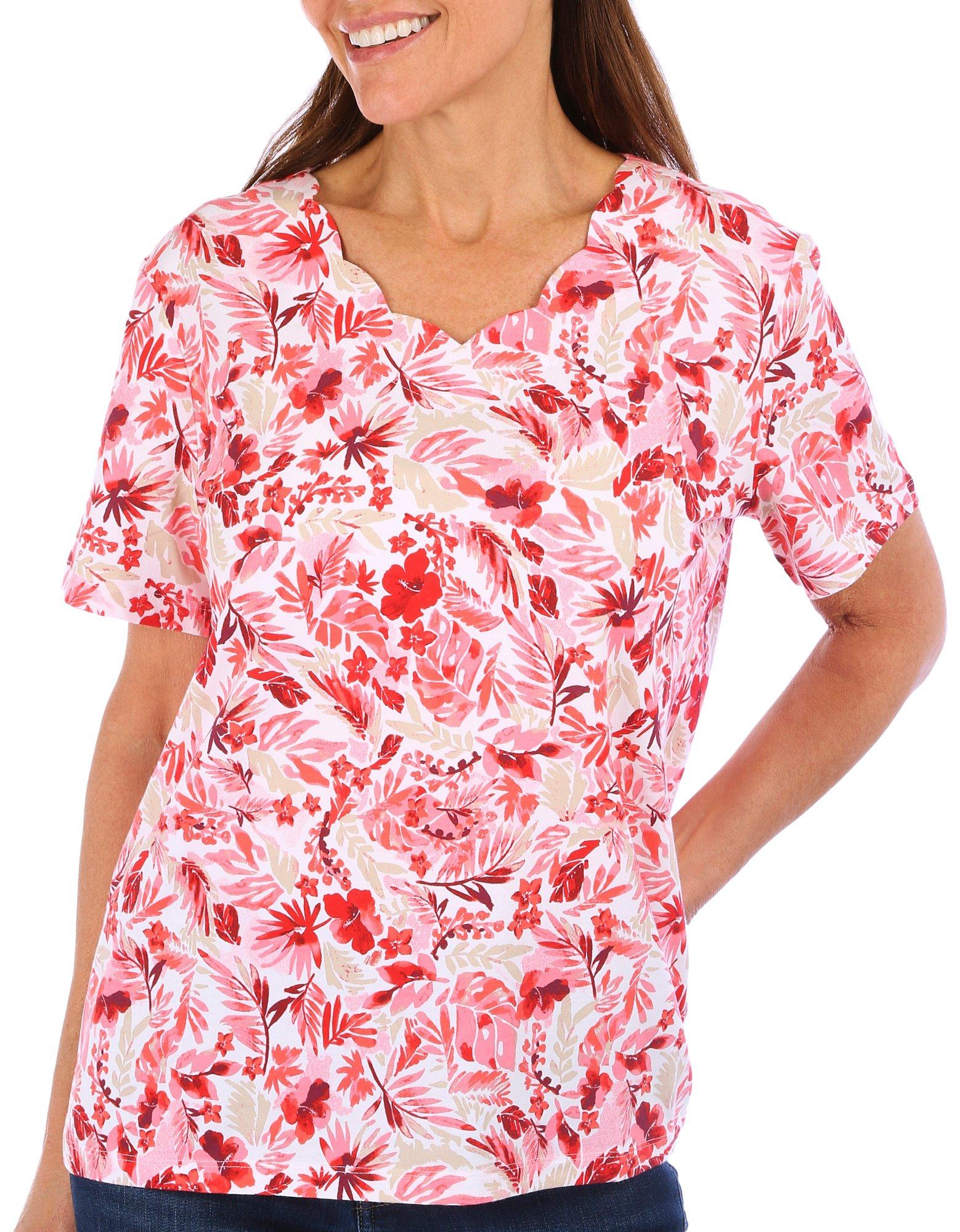 Coral Bay Petite Print Scalloped Neck Short Sleeve Top