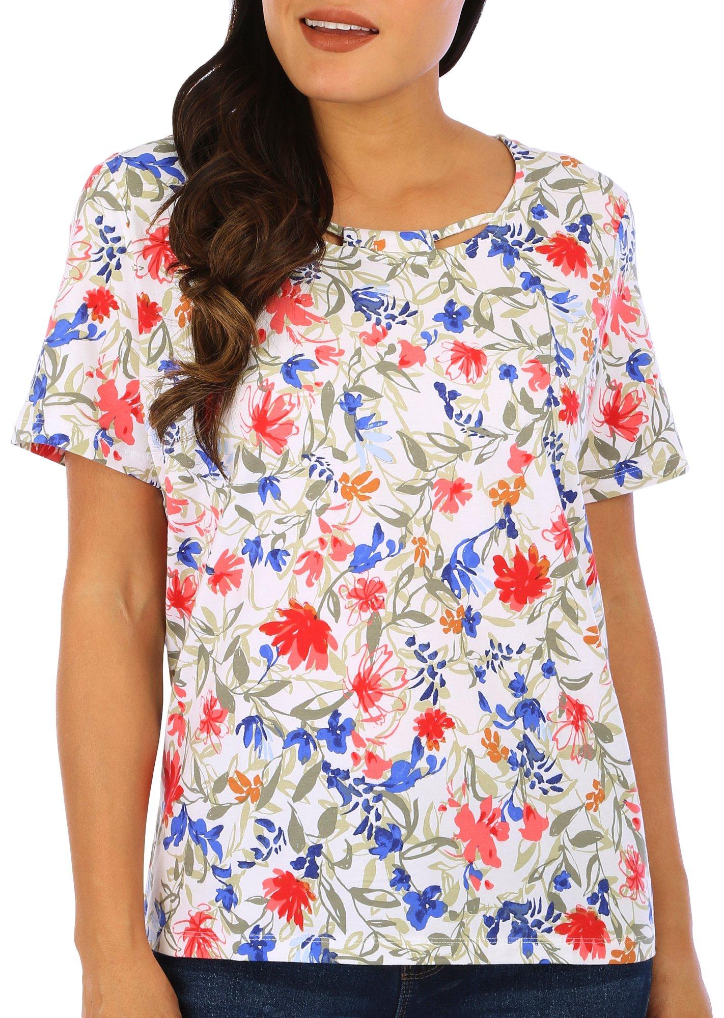 Coral Bay Petite Floral Double Keyhole Loop Short Sleeve Top