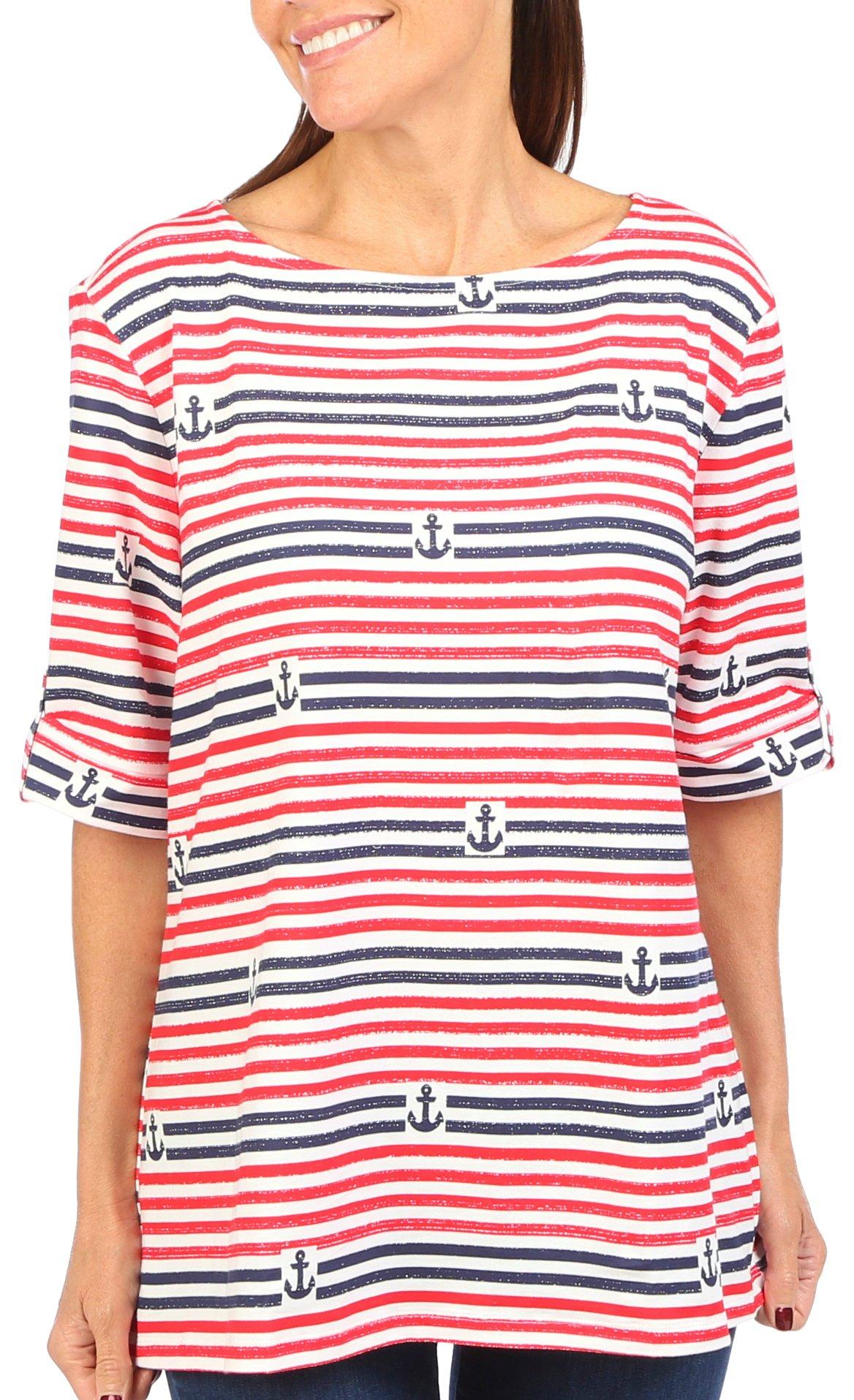 Coral Bay Petite Anchor & Stripes Boat Neck Short Sleeve Top