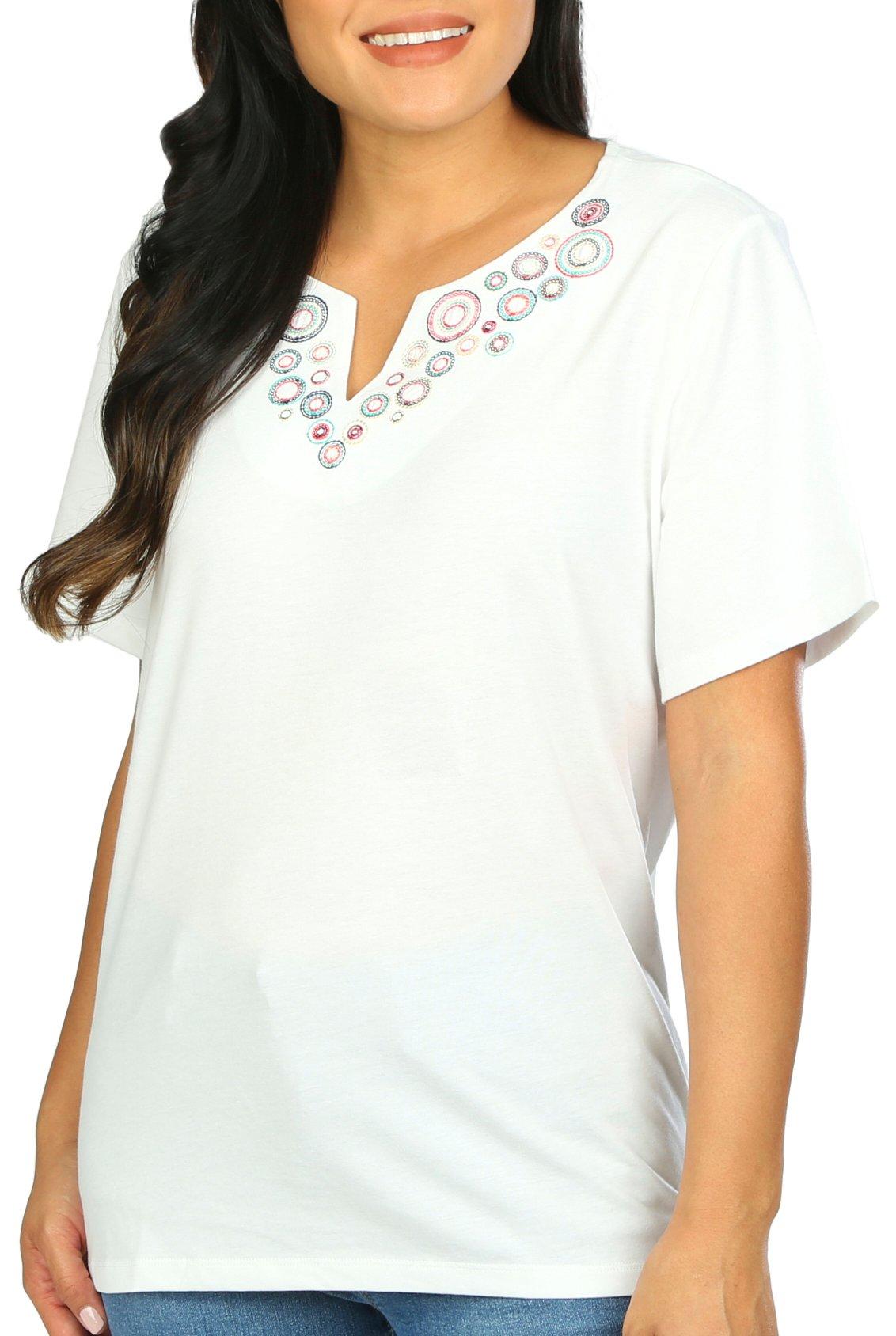 Coral Bay Petite Embroidered Notch Neck Short Sleeve