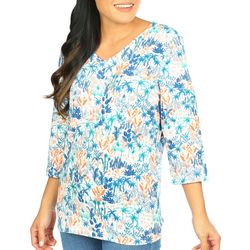 Coral Bay Petite Palms and Fronds V-Neck 3/4 Sleeve Top