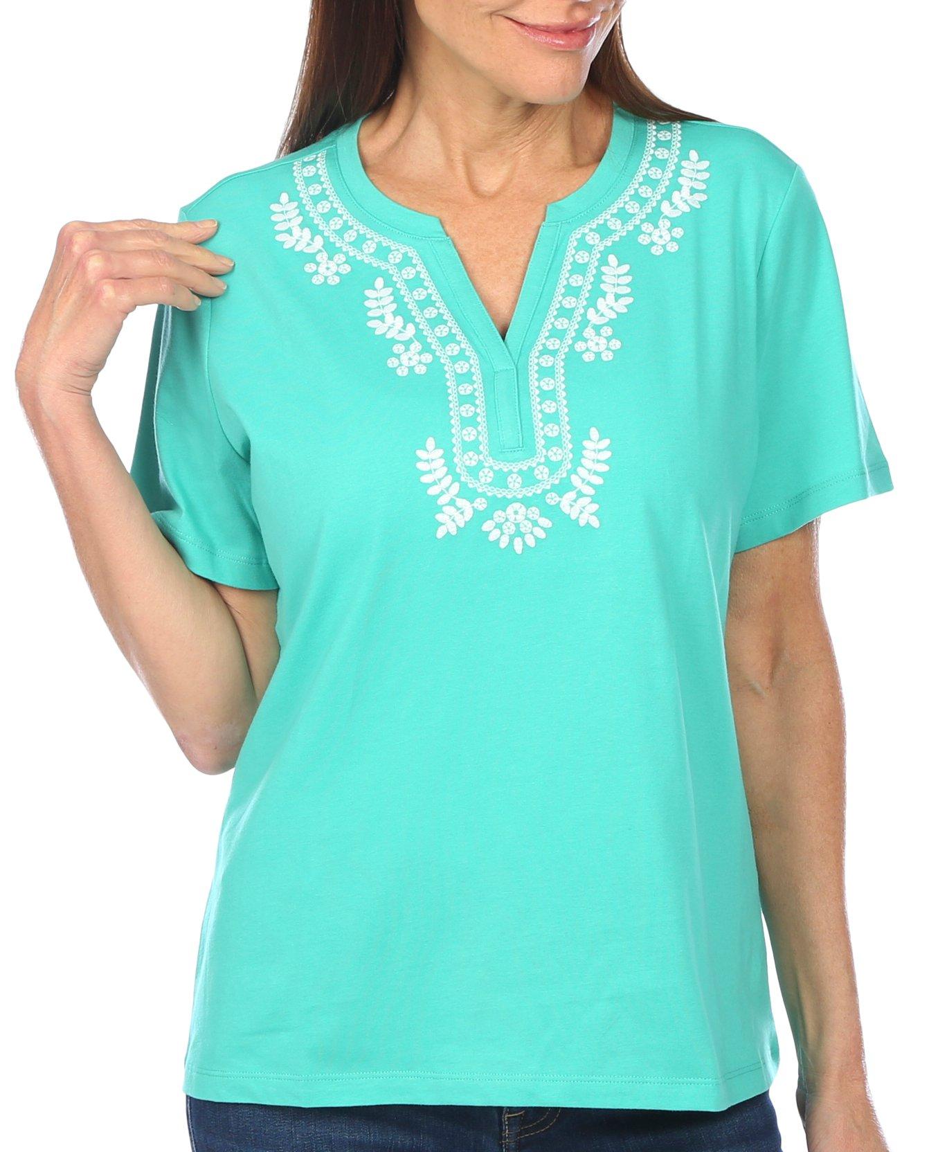 Coral Bay Petite Embroidery Notch Neckline Short Sleeve