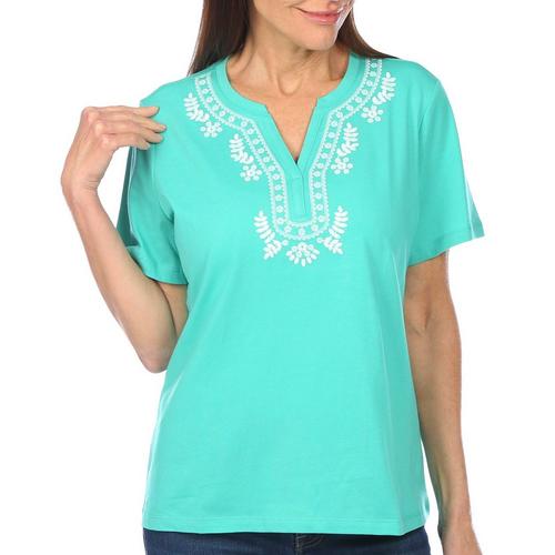 Coral Bay Petite Embroidery Notch Neckline Short Sleeve