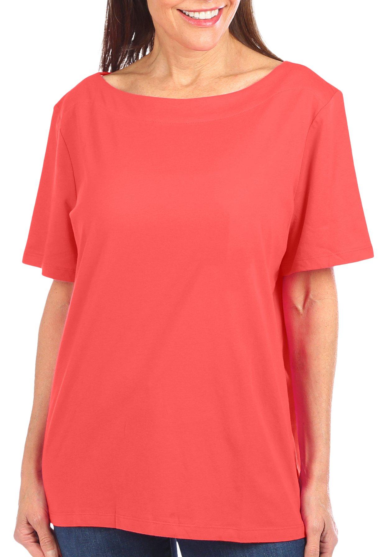 Coral Bay Petite Solid Boat Neck Short Sleeve Top