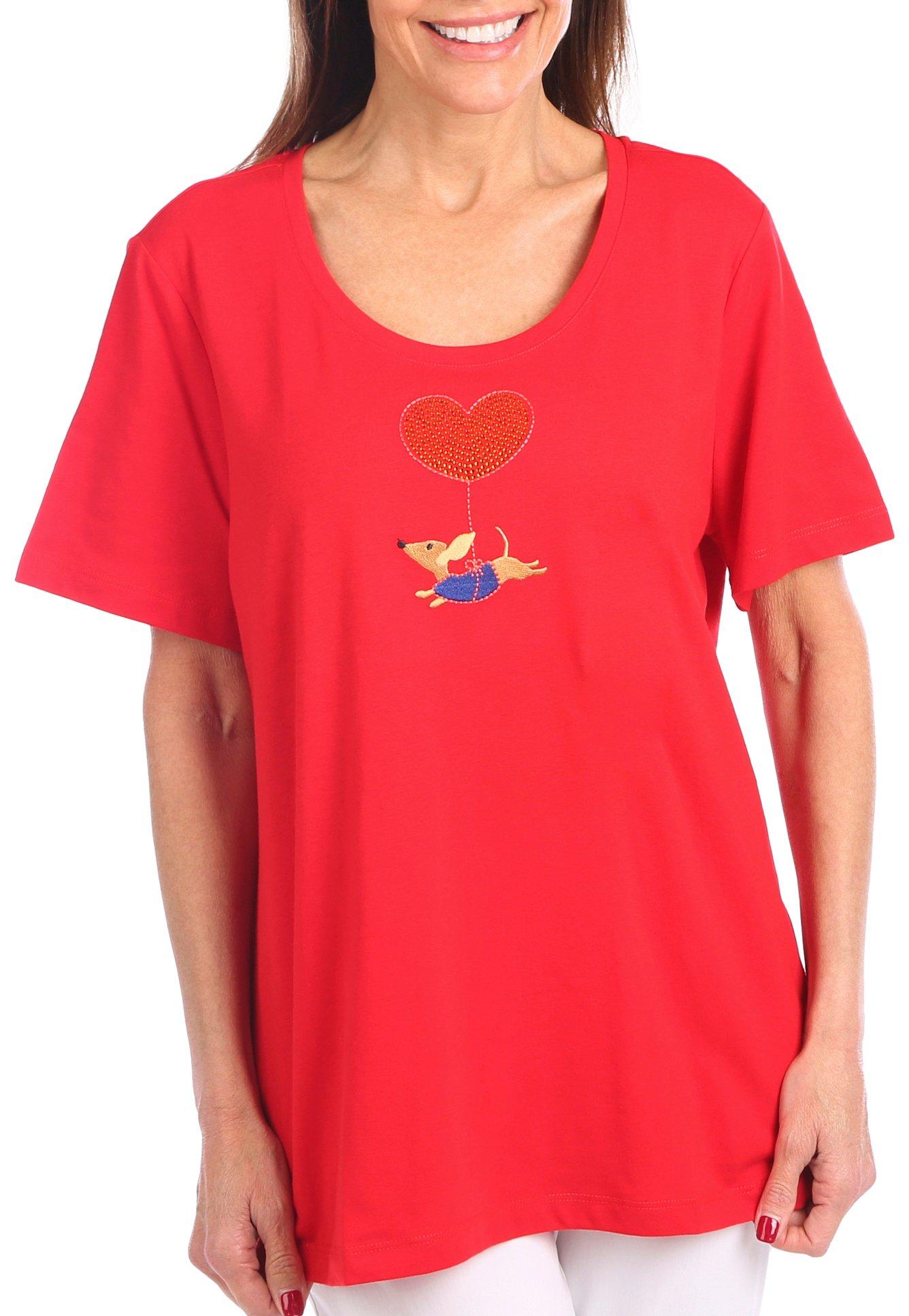 Coral Bay Petite Jewelled Heart & Dog Short Sleeve Top