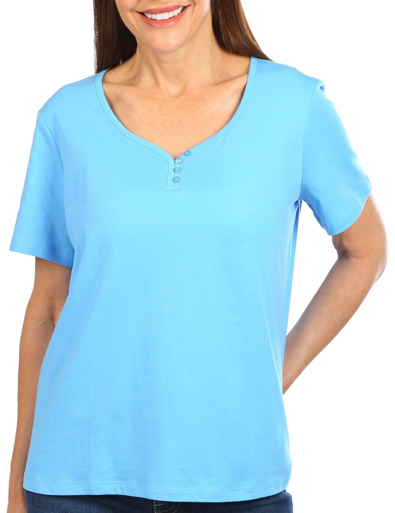 Coral Bay Petite Short Sleeve Decorative Button Top