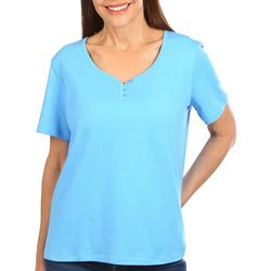 Coral Bay Petite Short Sleeve Decorative Button Top
