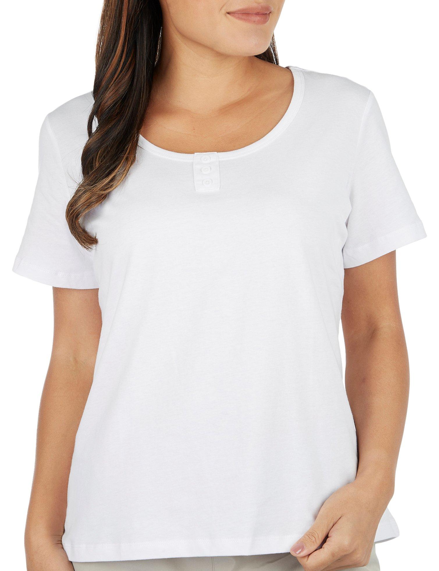 Petite Solid Henley Scoop Neck Short Sleeve Tee