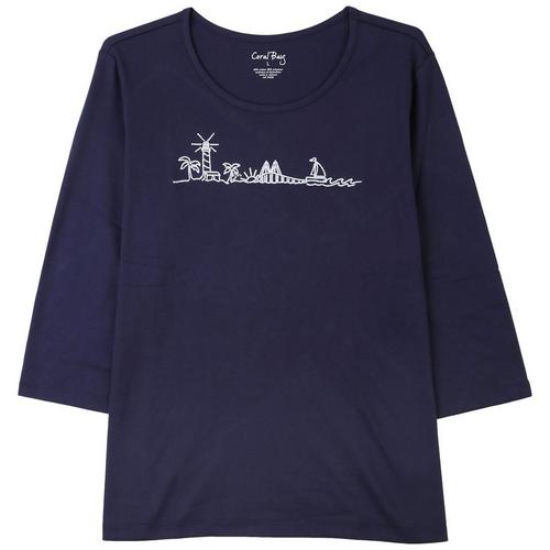 Coral Bay Petite Embroidered Scene 3/4 Sleeve Top