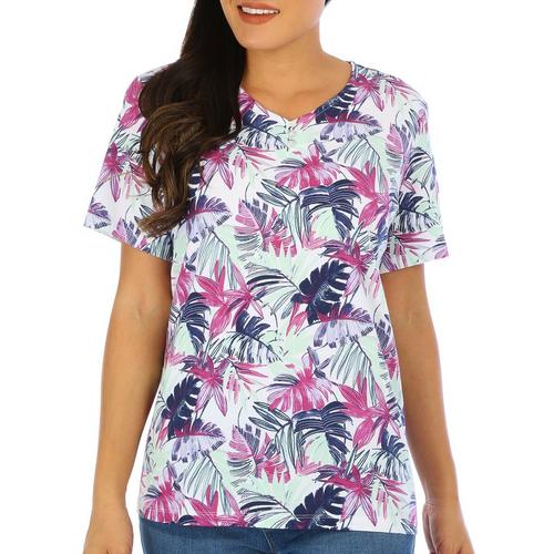 Coral Bay Petite Frond Print Henley Short Sleeve