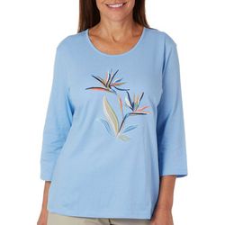 Coral Bay Petite Bird Of Paradise Embroidered 3/4 Sleeve Top