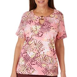 Coral Bay Petite Tropical O-Ring Split Neck Short Sleeve Top