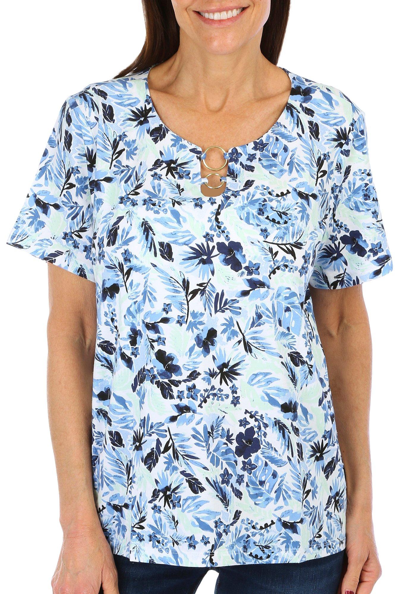 Coral Bay Petite Floral O-Ring Keyhole Short Sleeve Top