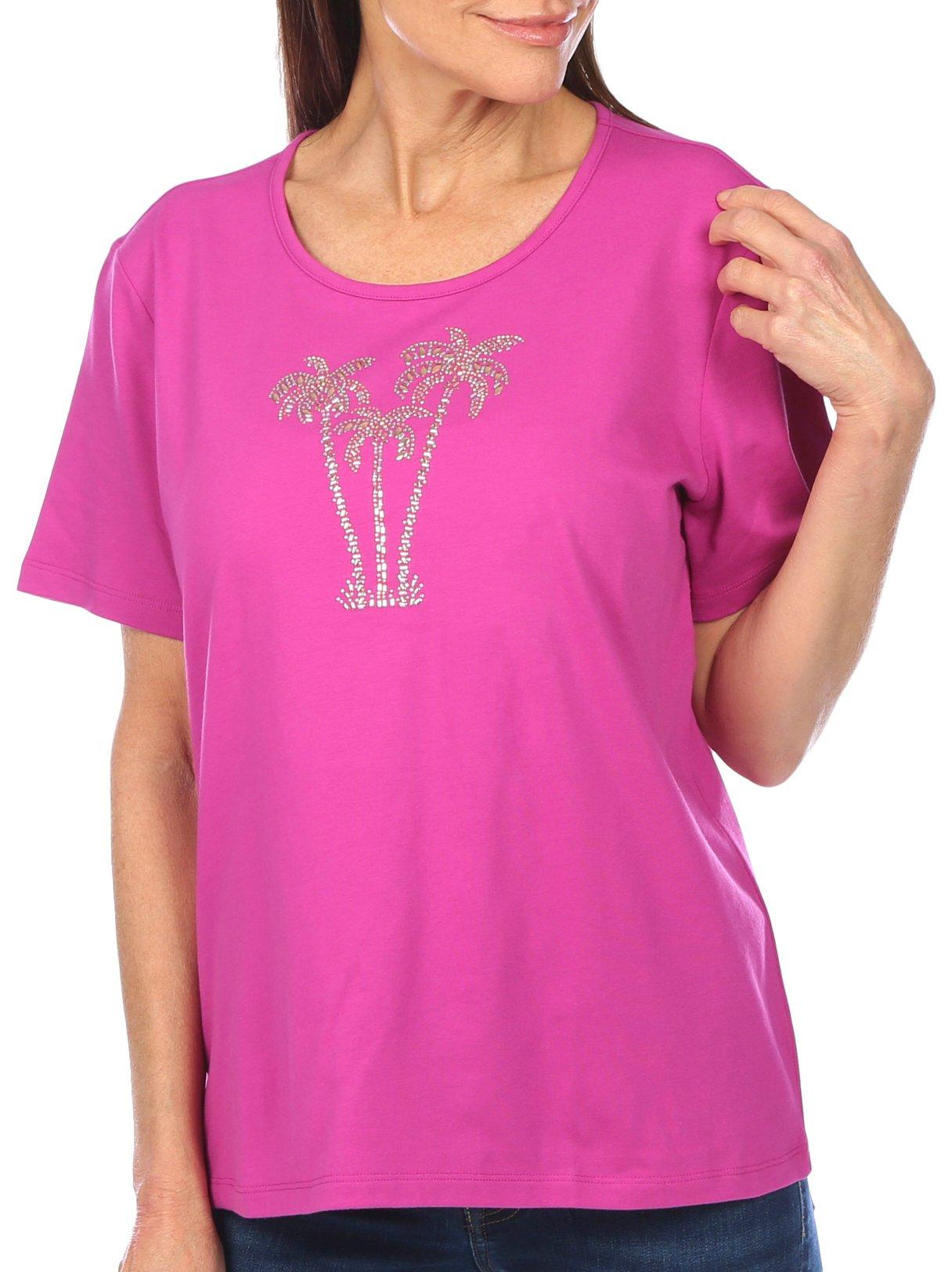 Coral Bay Petite Embellished Palm Trees Short Sleeve Top