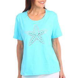 Coral Bay Petite Solid Jeweled Starfish Short Sleeve Top