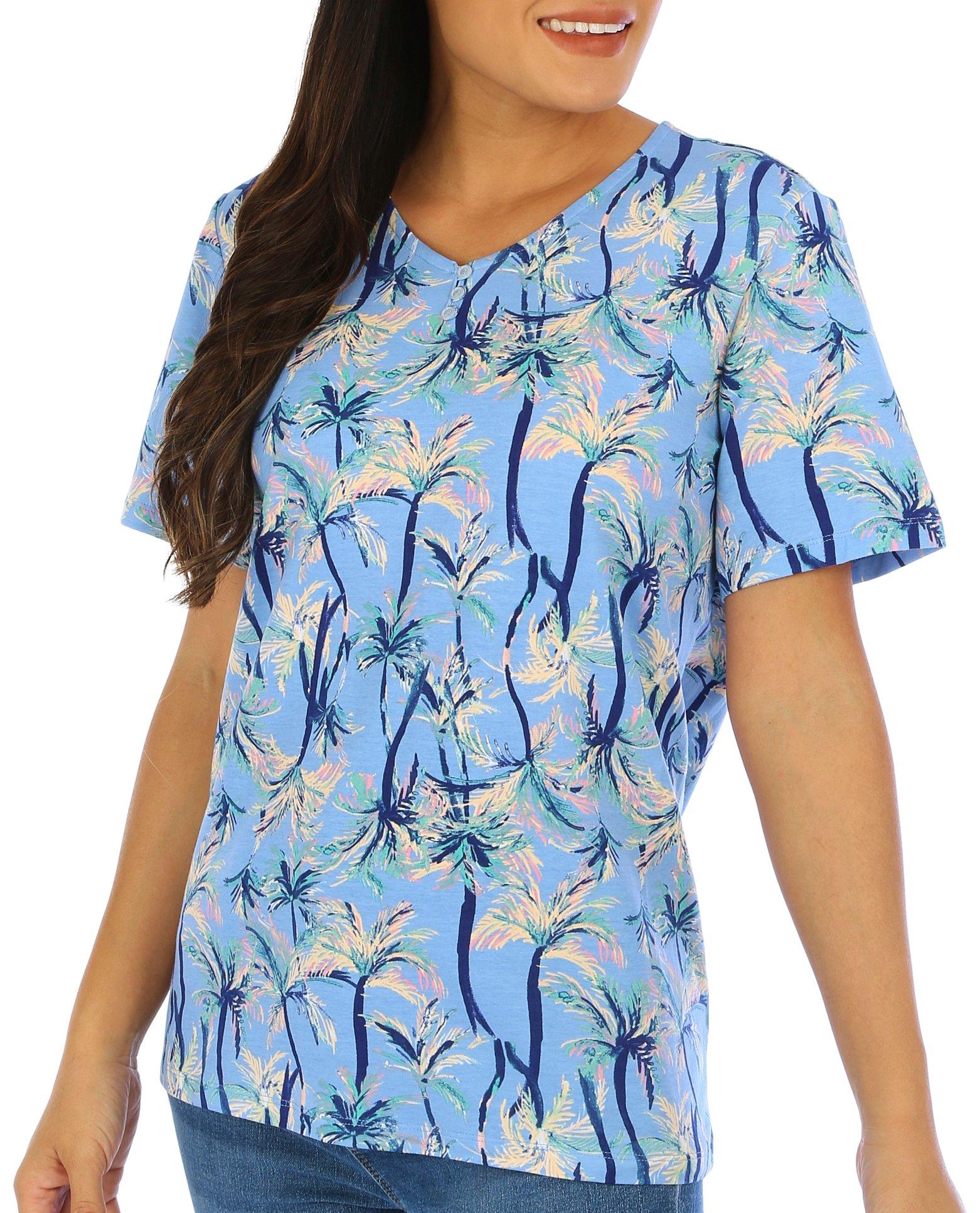 Coral Bay Petite Palm Print Henley Short Sleeve Top