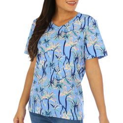 Coral Bay Petite Palm Print Henley Short Sleeve Top