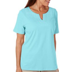 Petite Solid Embroidered Yoke Neck Short Sleeve Top