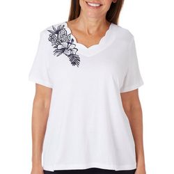 Coral Bay Petite Solid Tropical Scalloped Short Sleeve Top