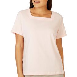 Coral Bay Petite Solid Lace Square Neck Short Sleeve Tee