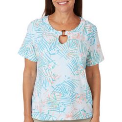 Coral Bay Petite Palm Frond O-Ring Keyhole Short Sleeve Top