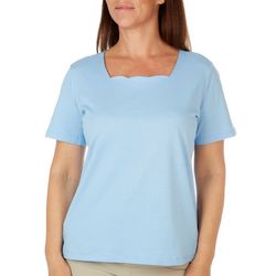 Coral Bay Petite Solid Scalloped Square Short Sleeve Top