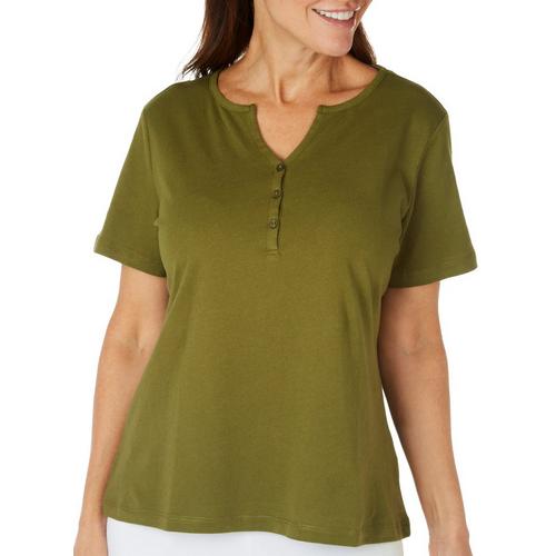 Coral Bay Petite Solid Henley Short Sleeve Top