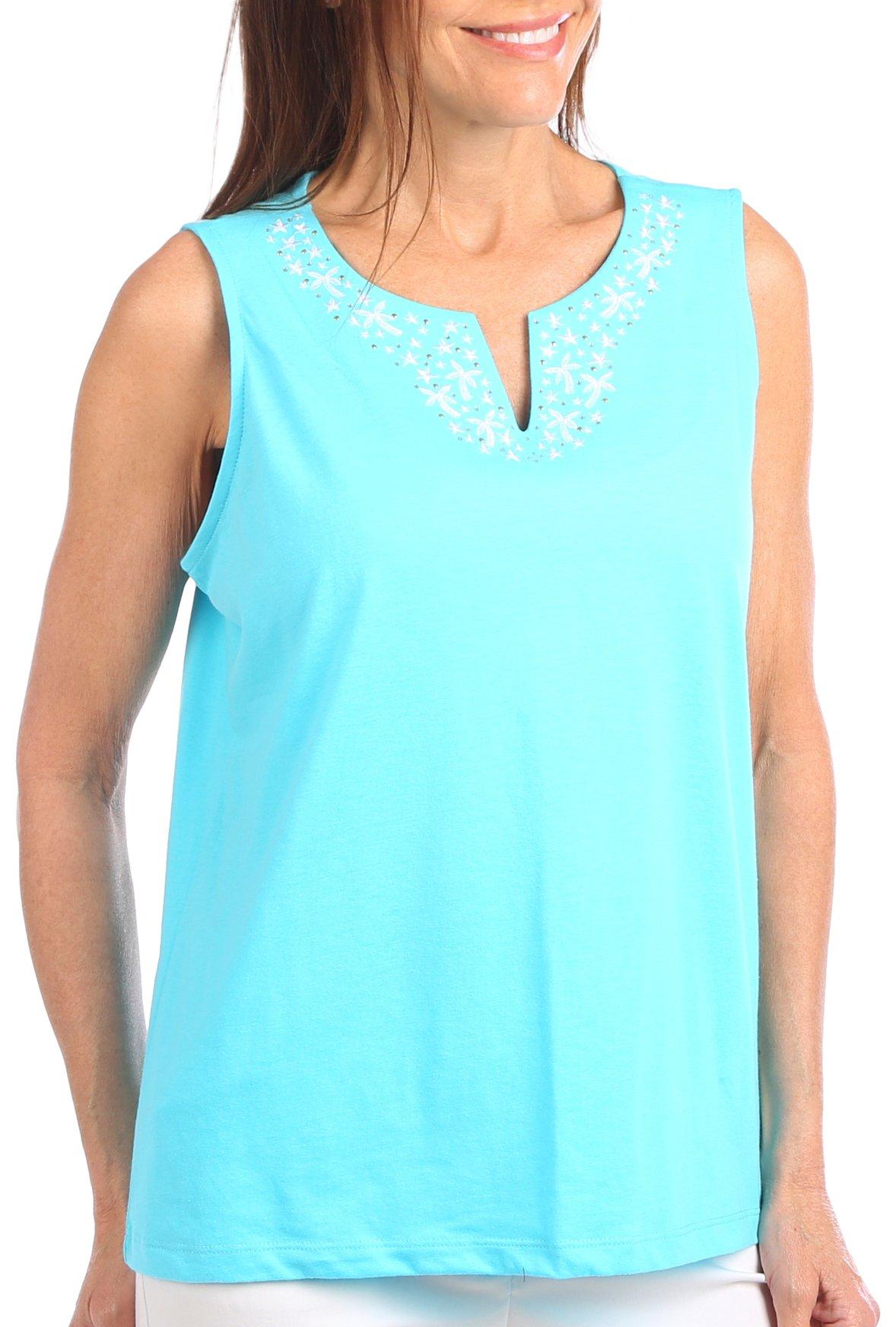 Coral Bay Petite Sleeveless Embroidered Notch Neckline Top