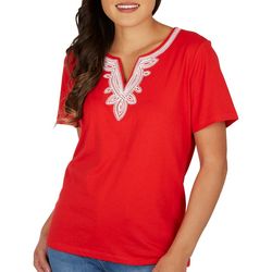 Coral Bay Petite Split Neck Embroidered Short Sleeve Top