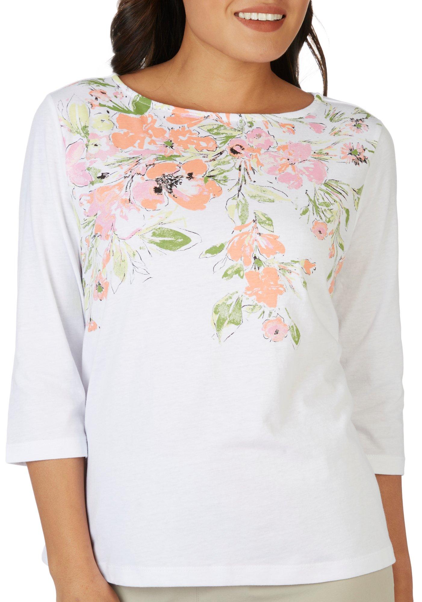 Petite Floral Round Neck 3/4 Sleeve Top