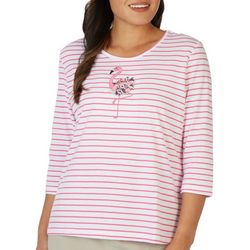 Petite Striped Flamingo Embroidered 3/4 Sleeve Top