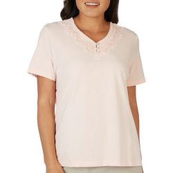 Petite Solid Three Button Lace V Neck Short Sleeve Tee