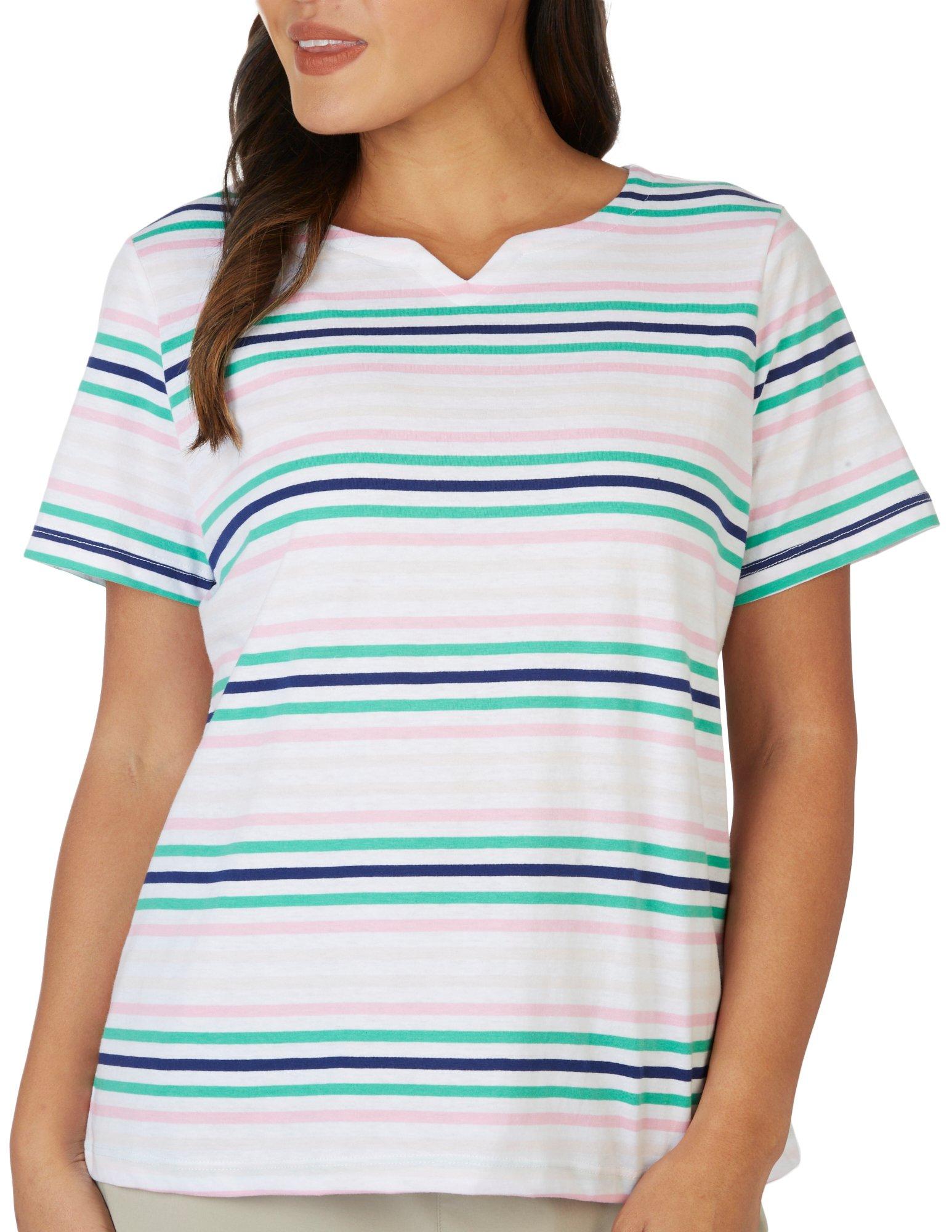 Petite Striped Notch Neck Short Sleeve Tee