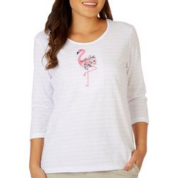 Coral Bay Petite Flamingo Embroidery 3/4 Sleeve Top