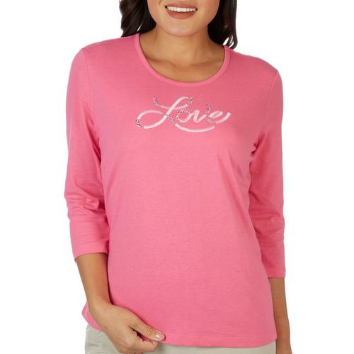 Petite Embroidered Embellished Love 3/4 Sleeve Top