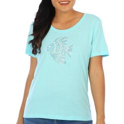 Coral Bay Petite Solid Jeweled Fish Short Sleeve Top