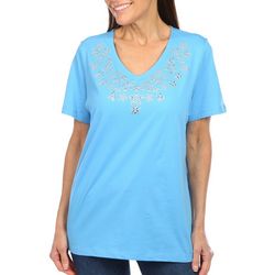 Coral Bay Petite Solid Jeweled V-Neck Short Sleeve Top