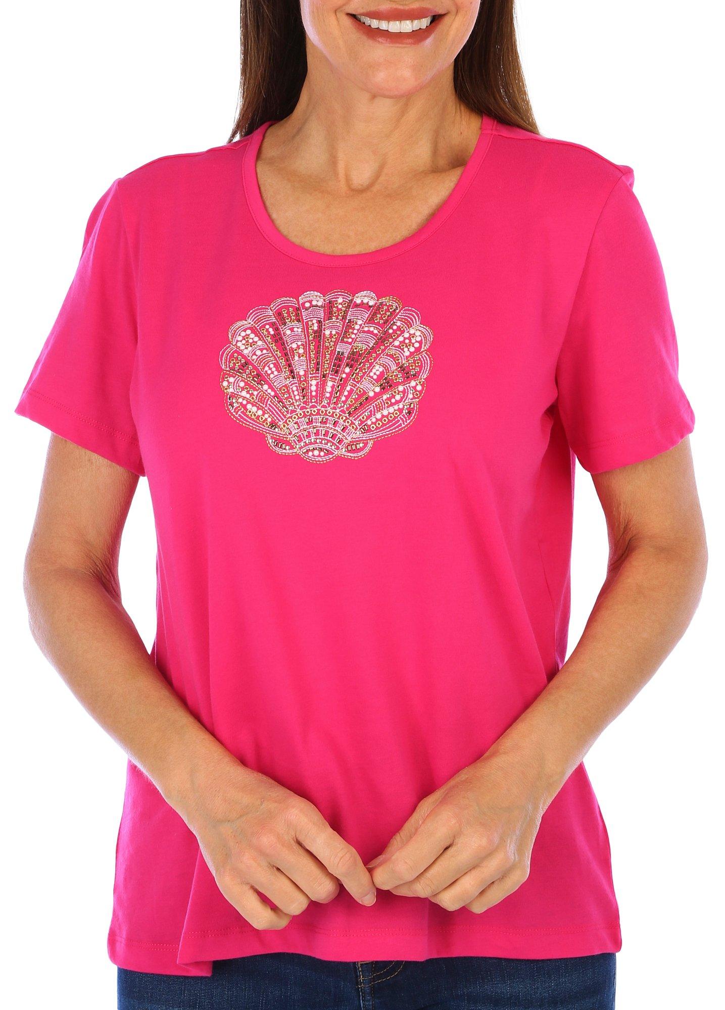 Coral Bay Petite Jeweled Scallop Shell Short Sleeve Top