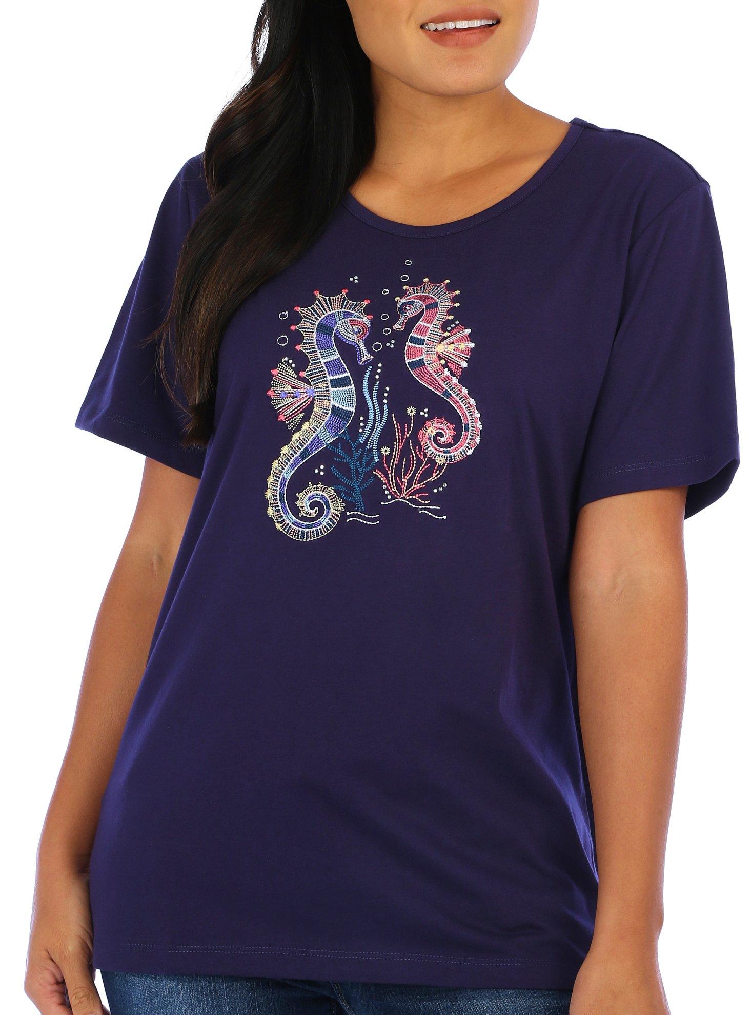 Coral Bay Petite Embroidered Seahorses Short Sleeve Top