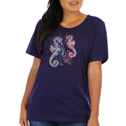 Coral Bay Petite Embroidered Seahorses Short Sleeve Top