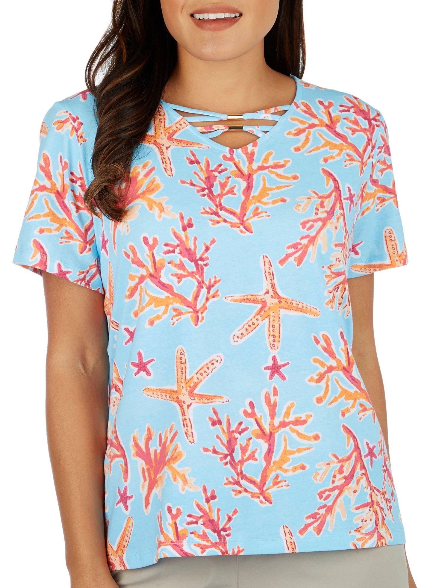 Coral Bay Petite Crisscross Bars Corals Print Sleeve Top