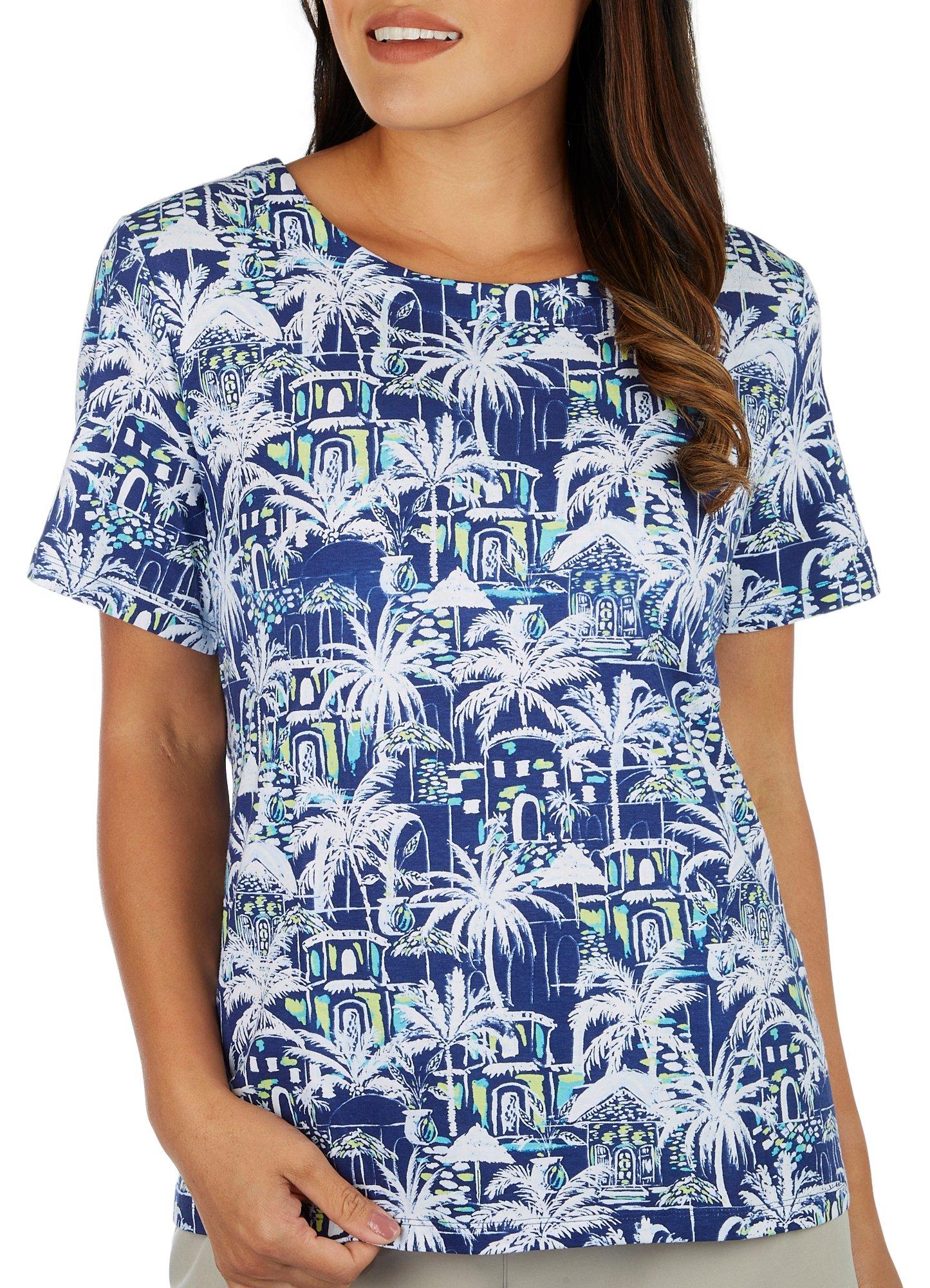 Coral Bay Petite Palm Trees Wide Round Neckline Top