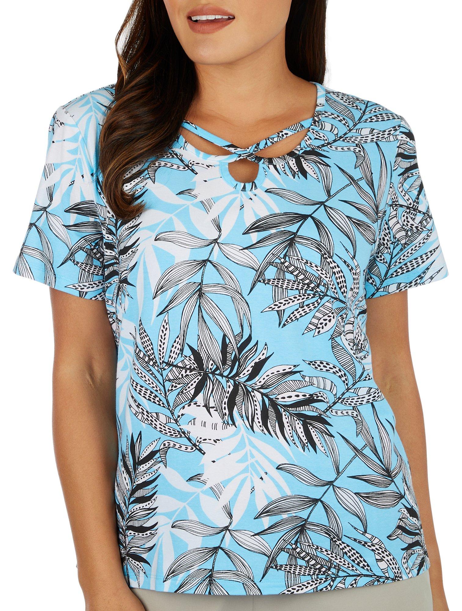 Coral Bay Petite Leaf Print Crisscross Keyhole Top