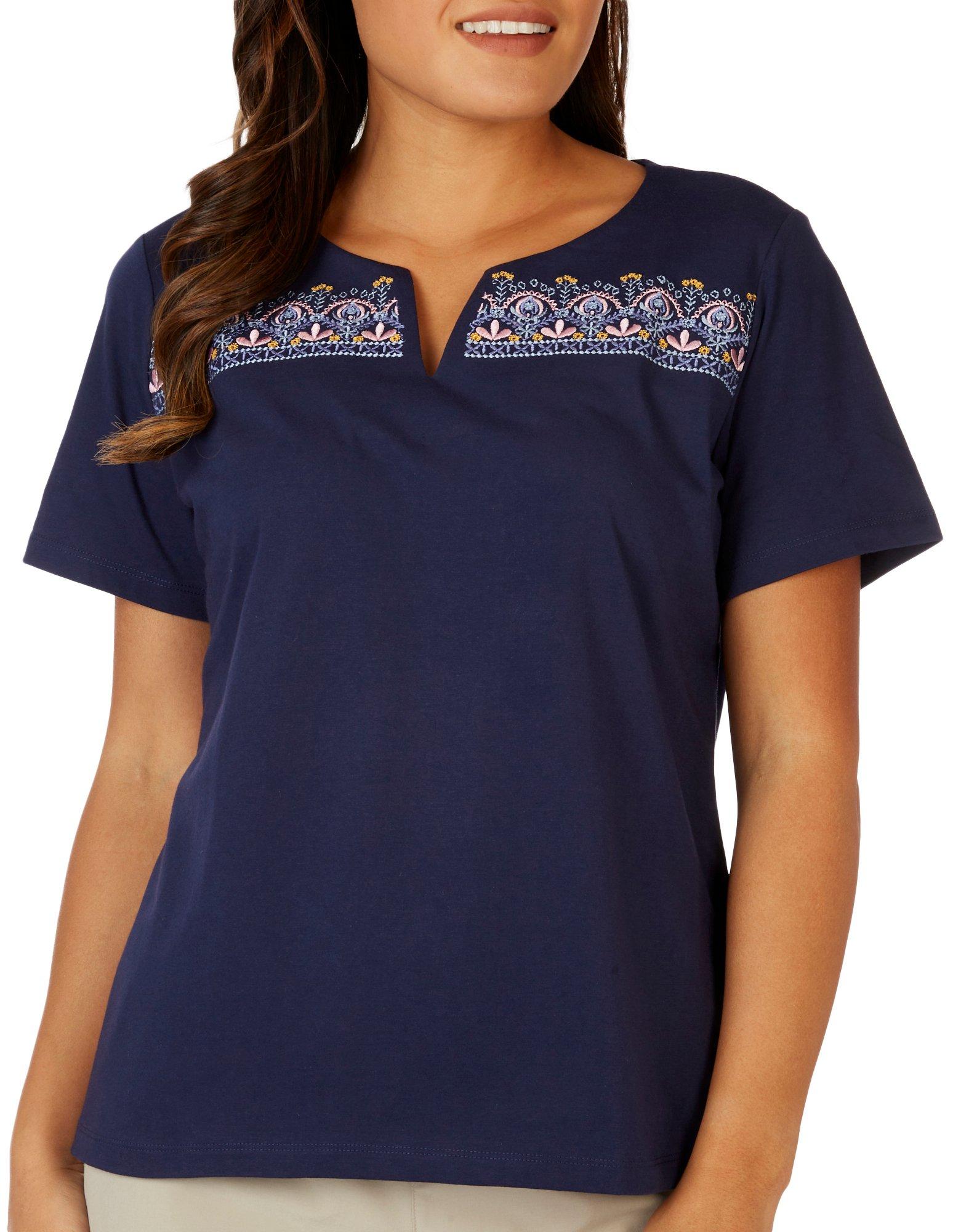 Petite Floral Embroidered Split Neck Short Sleeve Top