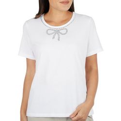 Coral Bay Petite Solid Jeweled Bow Short Sleeve Tee